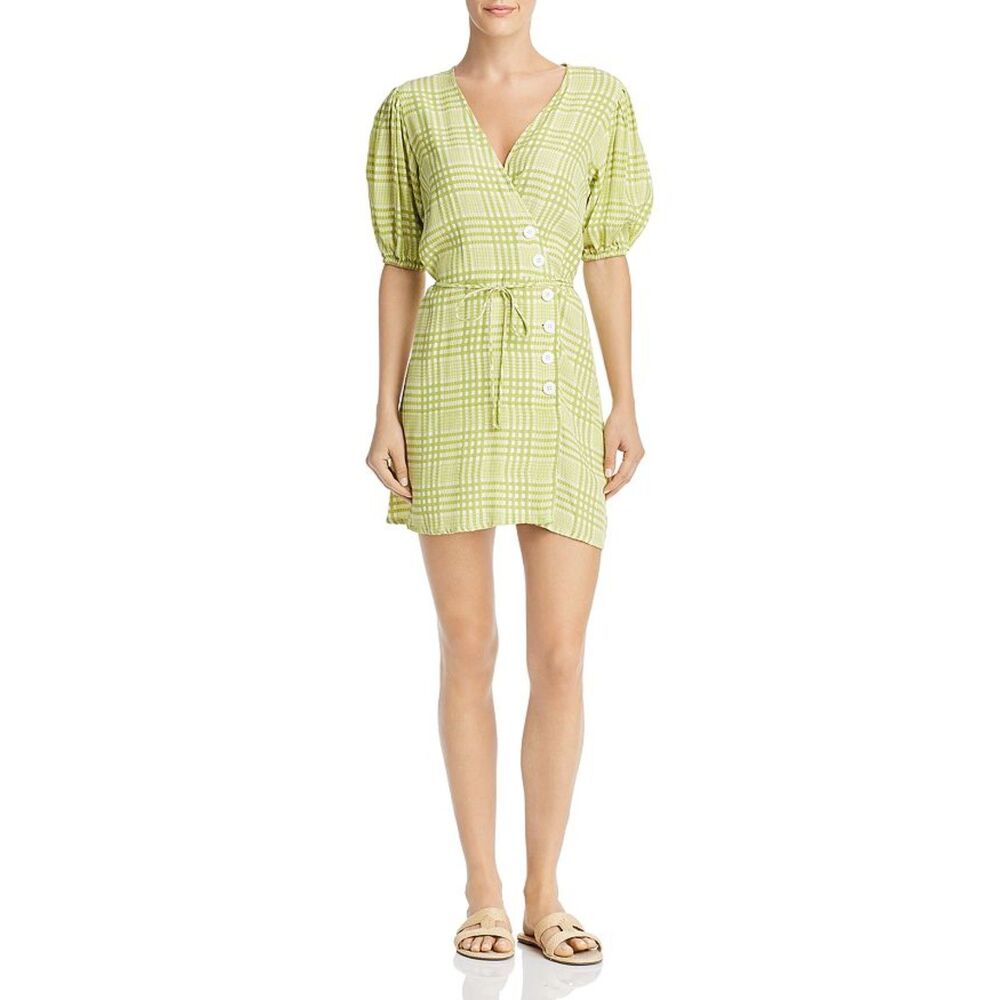FAITHFULL THE BRAND Womens Dress Size 6 Green Wrap Gingham Plaid Button BLANCO